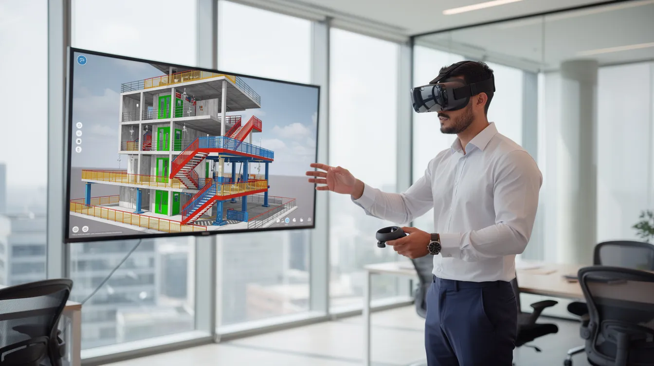 An architect is seen wearing a virtual reality headset in a modern office, reviewing a building design with highlighted safety features. This scene illustrates the intersection of architecture and technology, showcasing the professional's expertise and the innovative techniques used to engage with design processes.