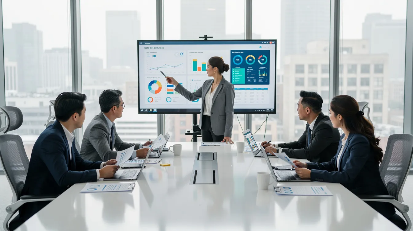 A professional team is gathered in a modern office, reviewing documents and analyzing digital dashboards to enhance operational efficiency and ensure compliance with industry standards in facilities management. Their focus on advanced technology and data-driven insights supports effective risk management and consistent service delivery.