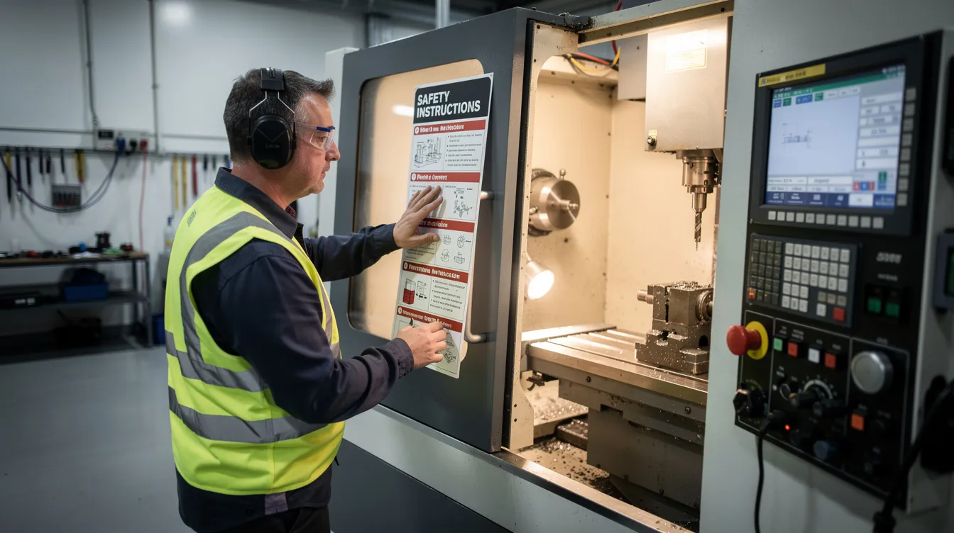 A worker is reviewing a laminated safety instruction card mounted next to a CNC milling machine, emphasizing the importance of workplace safety and health. This scene highlights the commitment to risk management and the implementation of safety initiatives in a manufacturing environment.