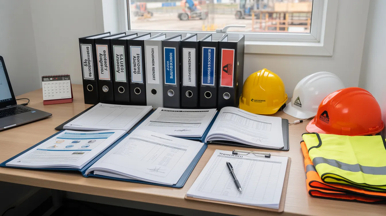 The image shows an organized construction site office desk with neatly arranged safety documentation folders and training records, accompanied by hard hats, emphasizing the importance of workplace safety and compliance with bizsafe level 3 certification standards. This setup reflects a commitment to risk management and safety performance in accordance with government regulations.