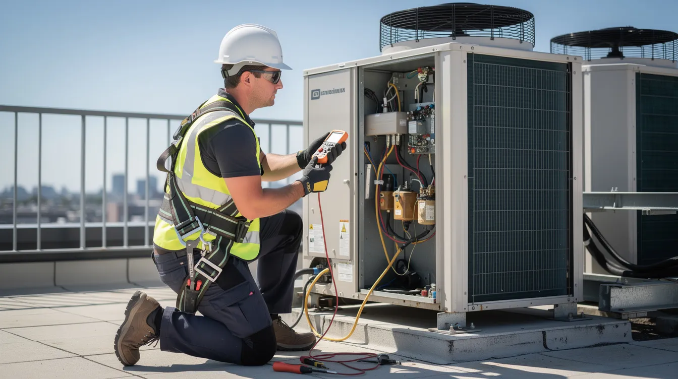 A facilities management technician is safely performing maintenance on rooftop HVAC equipment while secured with a safety harness, demonstrating commitment to workplace safety and operational efficiency. This maintenance work is crucial for ensuring the performance and reliability of building systems, contributing to cost efficiency and ongoing compliance with industry standards.