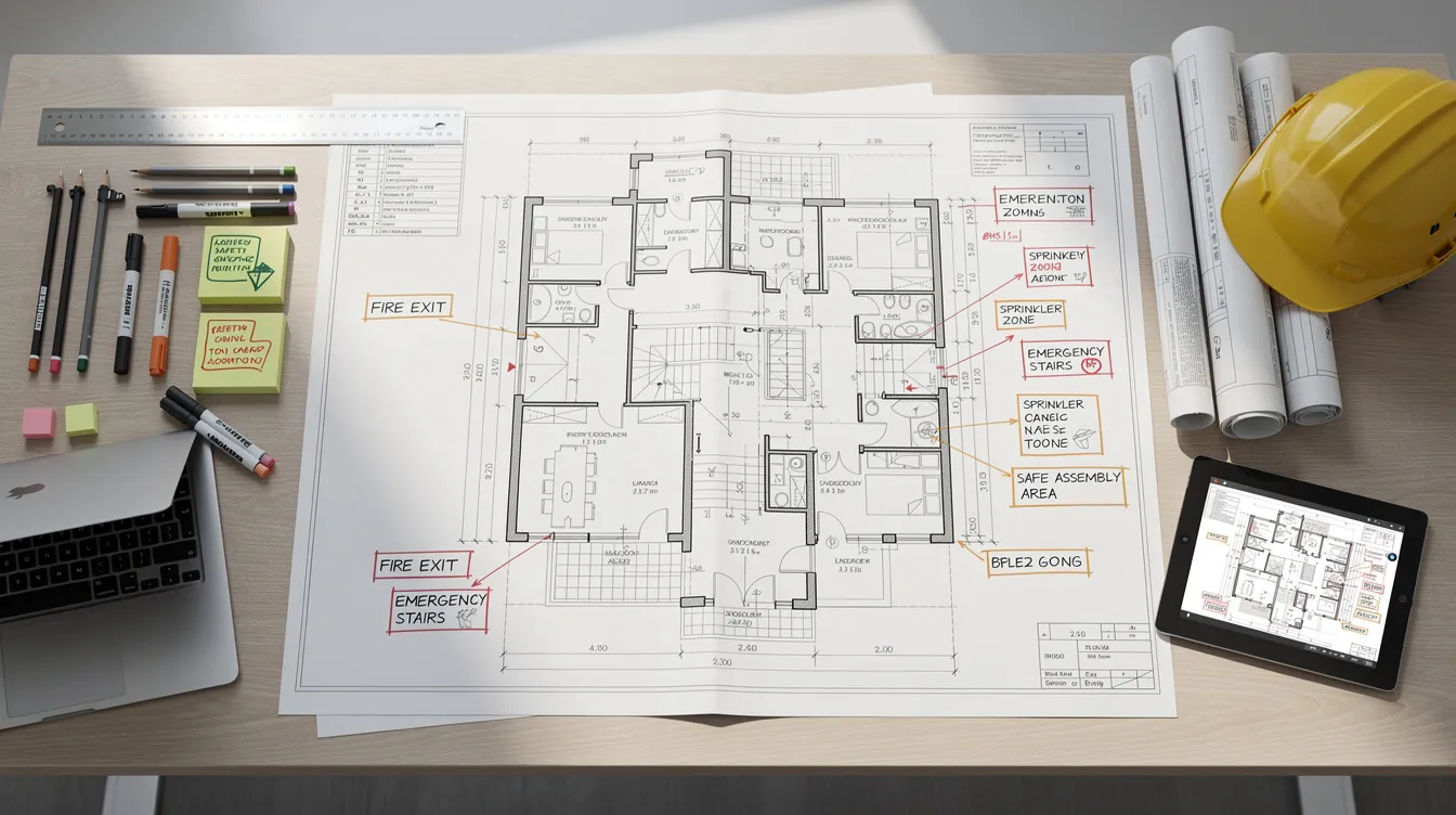 An architectural blueprint featuring safety annotations is laid out on a modern office desk, highlighting crucial aspects of construction safety and design changes for effective project management. This image reflects the importance of integrating safety guidelines during the construction documentation phase to improve outcomes in the construction industry.