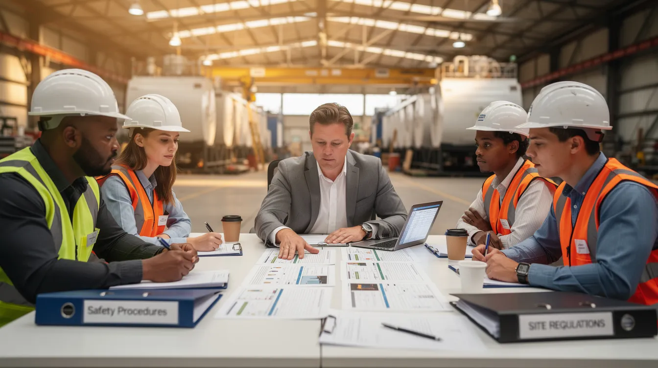 A project manager is seated at a meeting table, discussing safety documents with subcontractor representatives in an industrial setting, emphasizing workplace safety and the importance of achieving bizsafe certification. The meeting highlights the implementation of risk management plans and the commitment to maintaining a safe work environment.