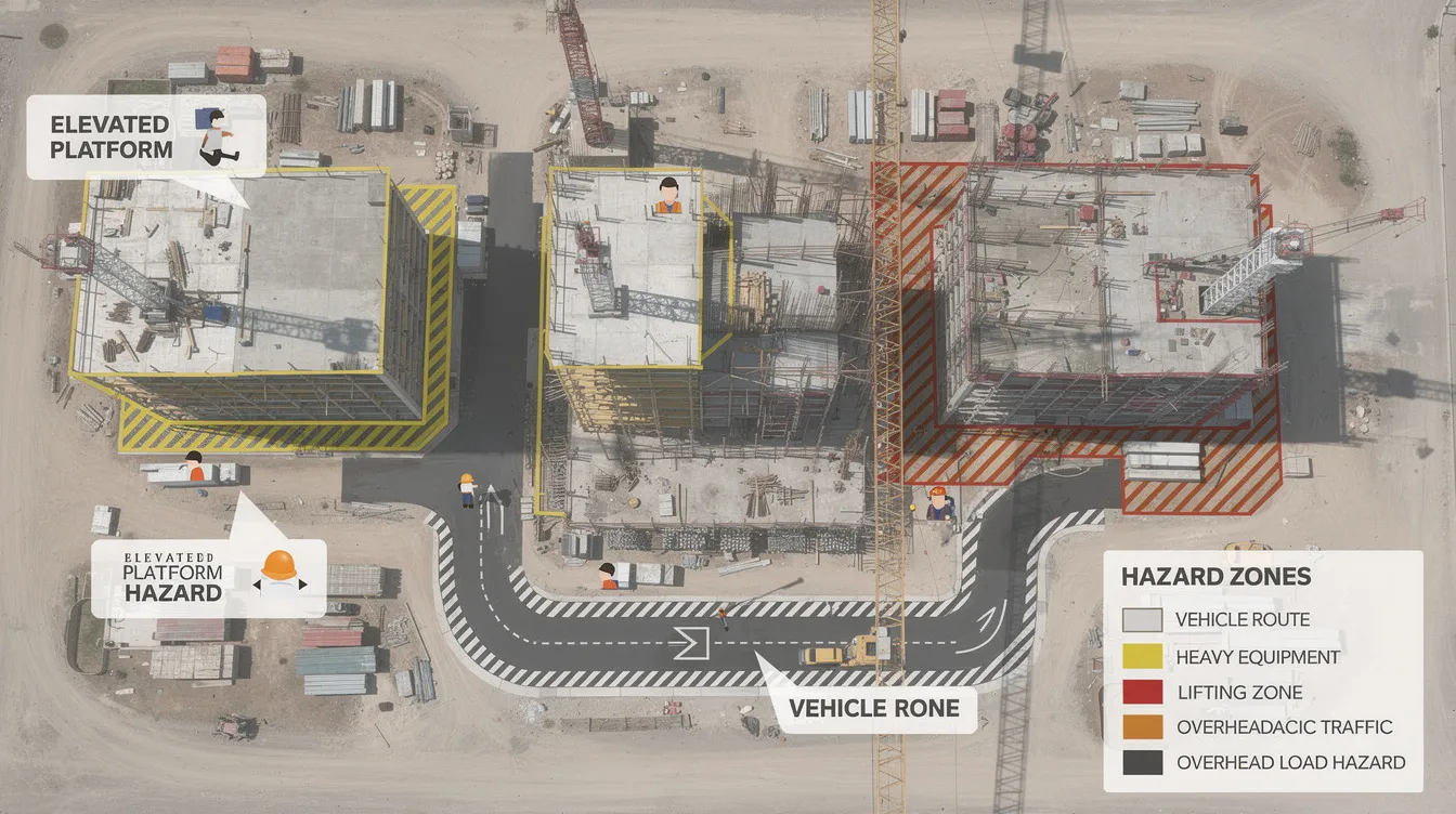 The image depicts an infographic-style aerial view of a construction site, clearly labeling various hazard zones such as elevated platforms, vehicle routes, and lifting areas, emphasizing the importance of workplace safety and health. This visual representation aims to address workplace risks early and improve safety outcomes through enhanced workplace safety measures.