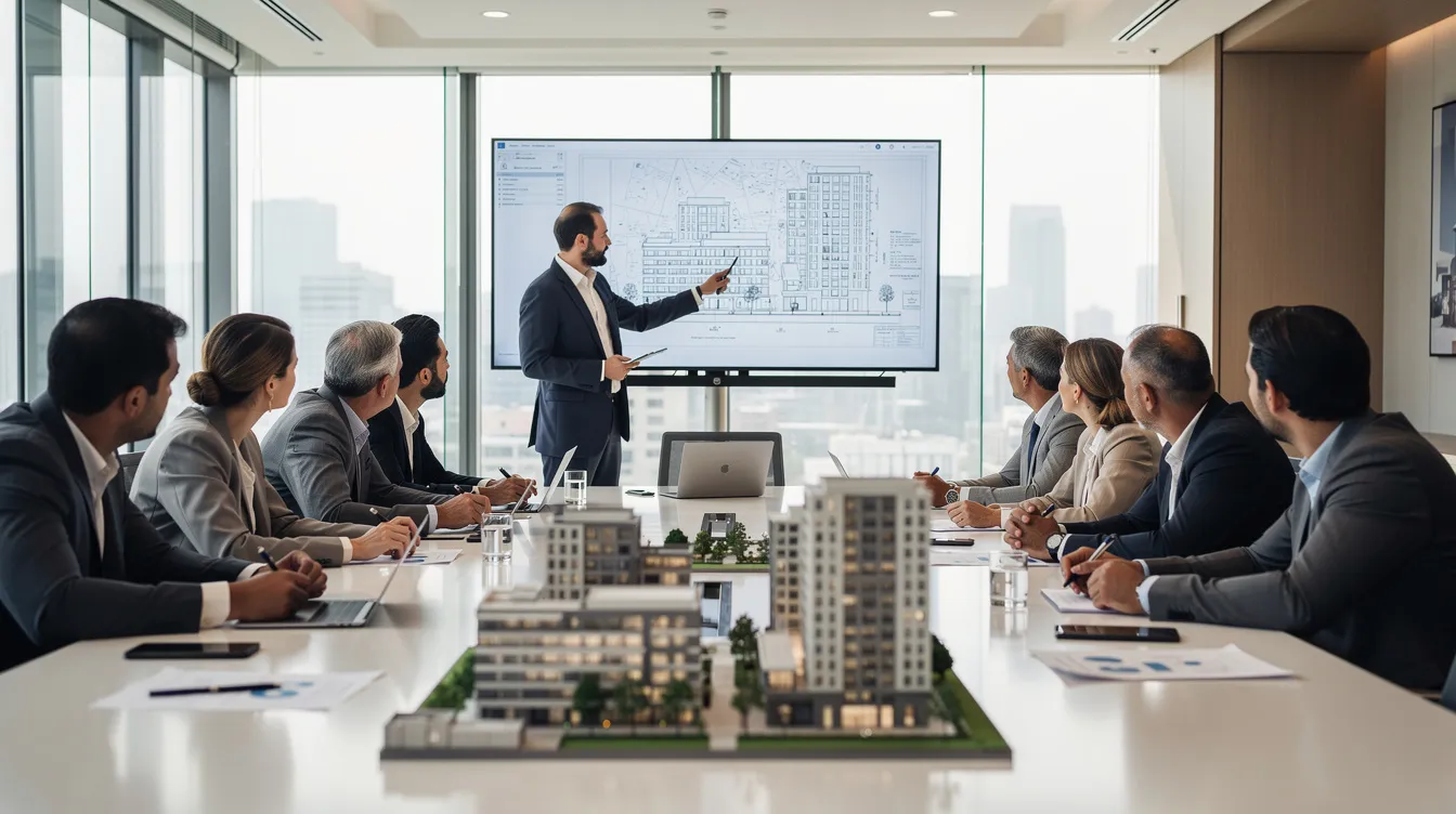 An architect is presenting technical building design plans to a diverse group of stakeholders around a conference table, showcasing 3D building models that illustrate innovative architectural solutions. The meeting highlights the collaboration between professional engineers and project management teams, demonstrating the skills and expertise necessary for successful development in the field of architecture.