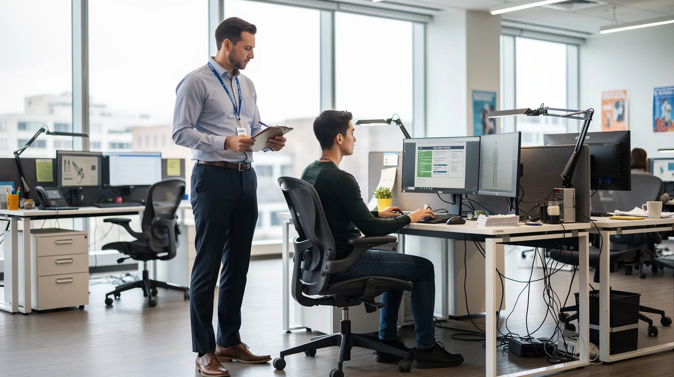A person is conducting a walkthrough safety inspection in an office environment, focusing on workstation ergonomics to ensure a safe and healthy workplace. This inspection is part of the company's risk management plan to enhance workplace safety and promote a healthier work environment.