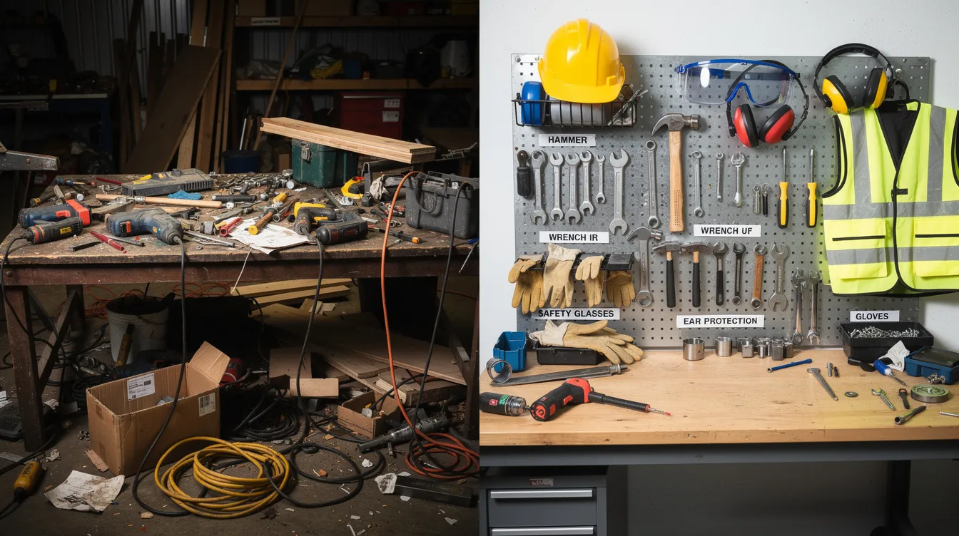 The image shows a split view of a cluttered workshop area filled with scattered tools on one side, contrasting with an organized workstation on the other, which features clearly labeled safety equipment. This visual highlights the importance of workplace safety and health, emphasizing how proper organization can improve safety outcomes and address potential workplace risks effectively.