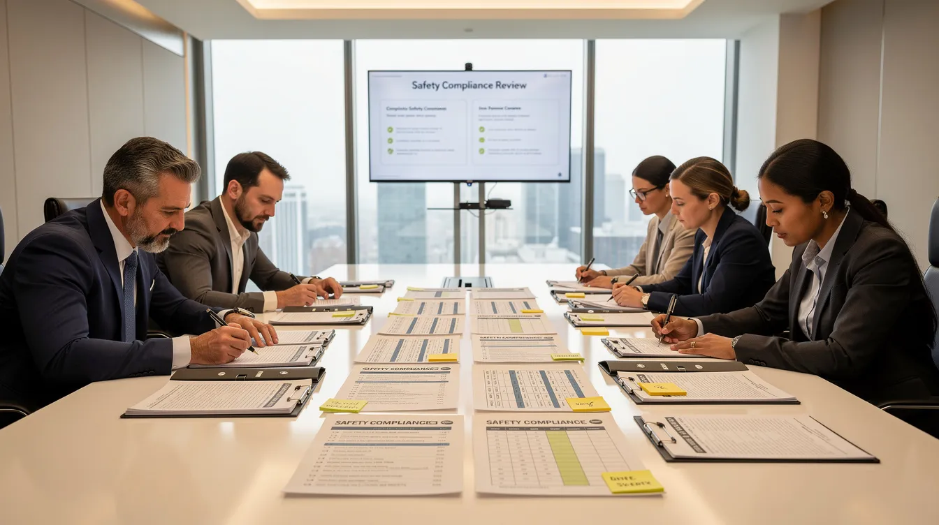 The image depicts a modern office meeting room where professionals are gathered around a conference table, reviewing safety compliance documents related to workplace safety and health. They appear engaged in discussions about risk assessments and the certification process for achieving bizsafe status, highlighting the importance of a robust risk management plan for improved workplace safety.