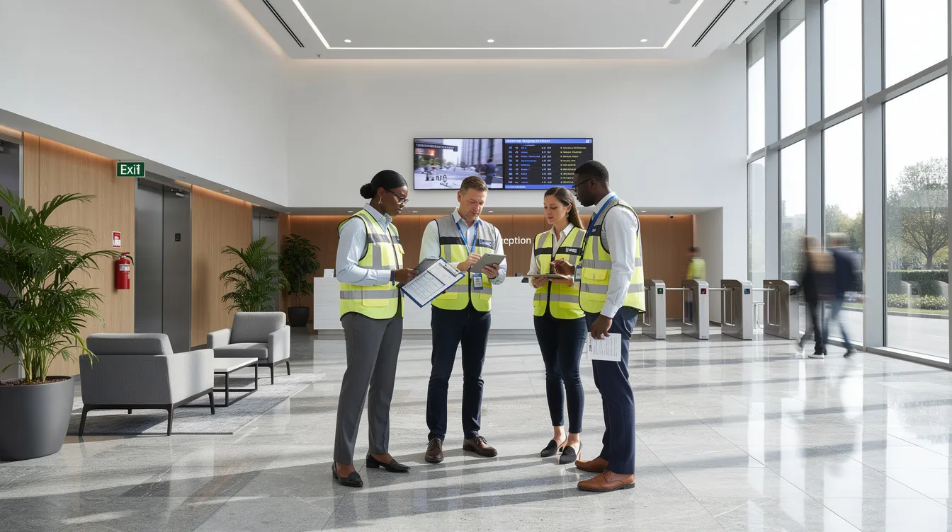 The image depicts a modern commercial building lobby where a facilities management team is conducting a safety inspection, ensuring compliance with workplace safety standards. The team utilizes advanced technology and building management systems to enhance operational efficiency and maintain a safe environment for employees and visitors.