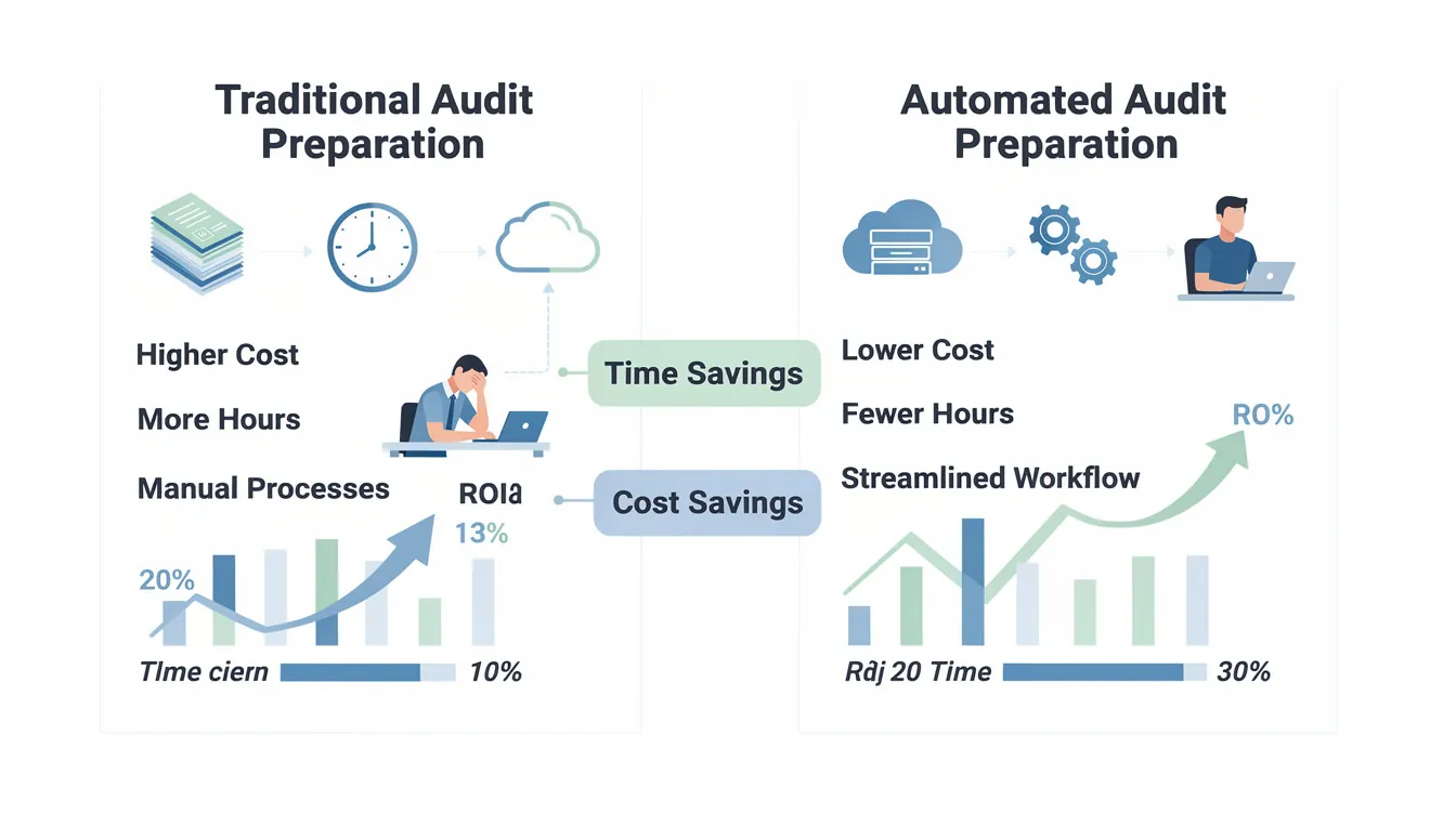The image depicts an ROI comparison graphic illustrating the time and cost savings achieved through automated audit preparation versus traditional methods. This visual emphasizes the benefits of quality management systems and continuous improvement in the context of ISO 9001:2015 audit readiness and operational efficiency.