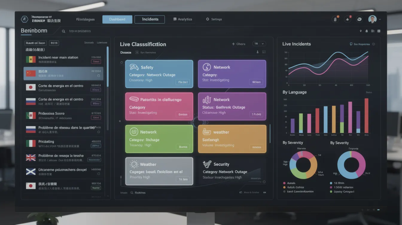 The image shows a dashboard displaying multilingual incident reports being processed and classified in real-time, highlighting various aspects of incident management and safety management systems. It emphasizes the importance of timely reporting and corrective actions to enhance workplace safety and support continual improvement in occupational health.