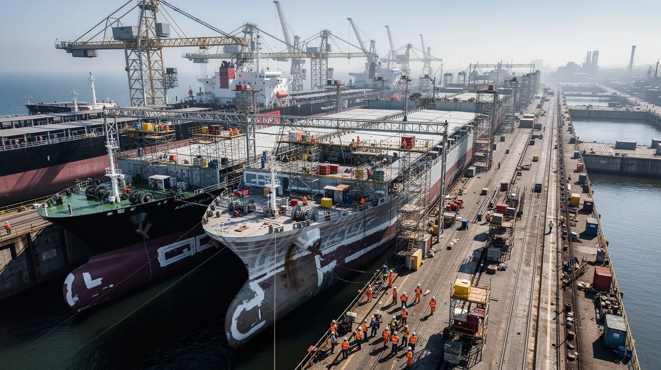 An aerial view of a large shipyard shows multiple vessels in dry dock, with workers in safety gear engaged in high-risk activities. The image highlights the importance of workplace safety, featuring safety officers overseeing operations and ensuring compliance with permit to work (PTW) protocols for safe execution of tasks.
