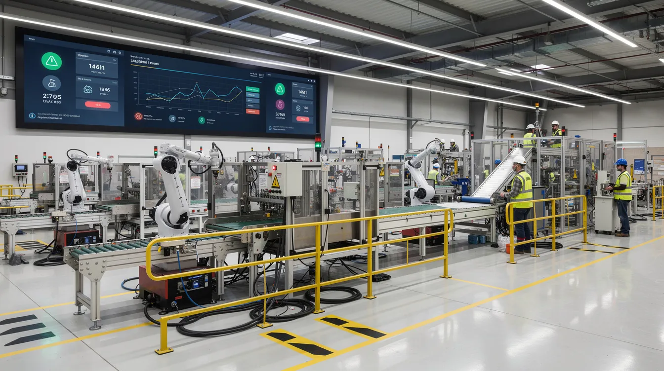 The image depicts an industrial manufacturing floor equipped with various safety management systems, including safety equipment and digital monitoring screens that display real-time data for occupational health and safety. This environment emphasizes regulatory compliance and effective internal audits, essential for maintaining a safe workplace and continual improvement in line with ISO 45001 standards.