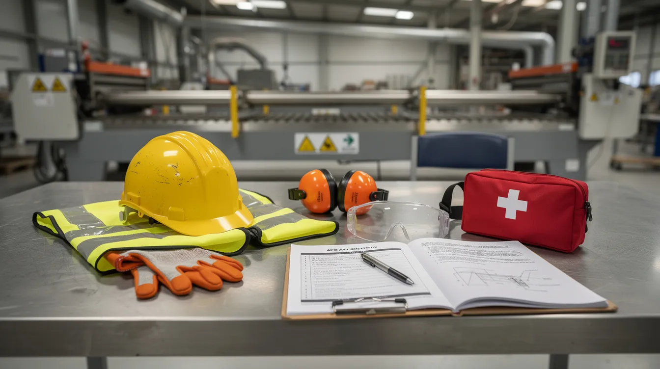 The image depicts an industrial workplace featuring various safety equipment, such as helmets and gloves, alongside important documentation on a table, emphasizing the significance of workplace safety and health management systems. This setting reflects the commitment to risk management and the implementation of a robust risk management plan, essential for achieving bizsafe certification and ensuring a safe work environment.