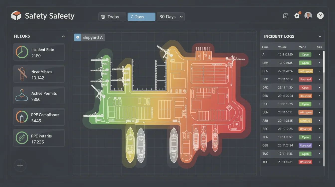 The image depicts an industrial safety dashboard featuring a heatmap that highlights risk zones throughout a shipyard facility, with outlines of various vessels. This visual tool is essential for safety officers to conduct integrated risk assessments and ensure compliance with safety protocols during high risk activities, such as hot work and confined space entry.