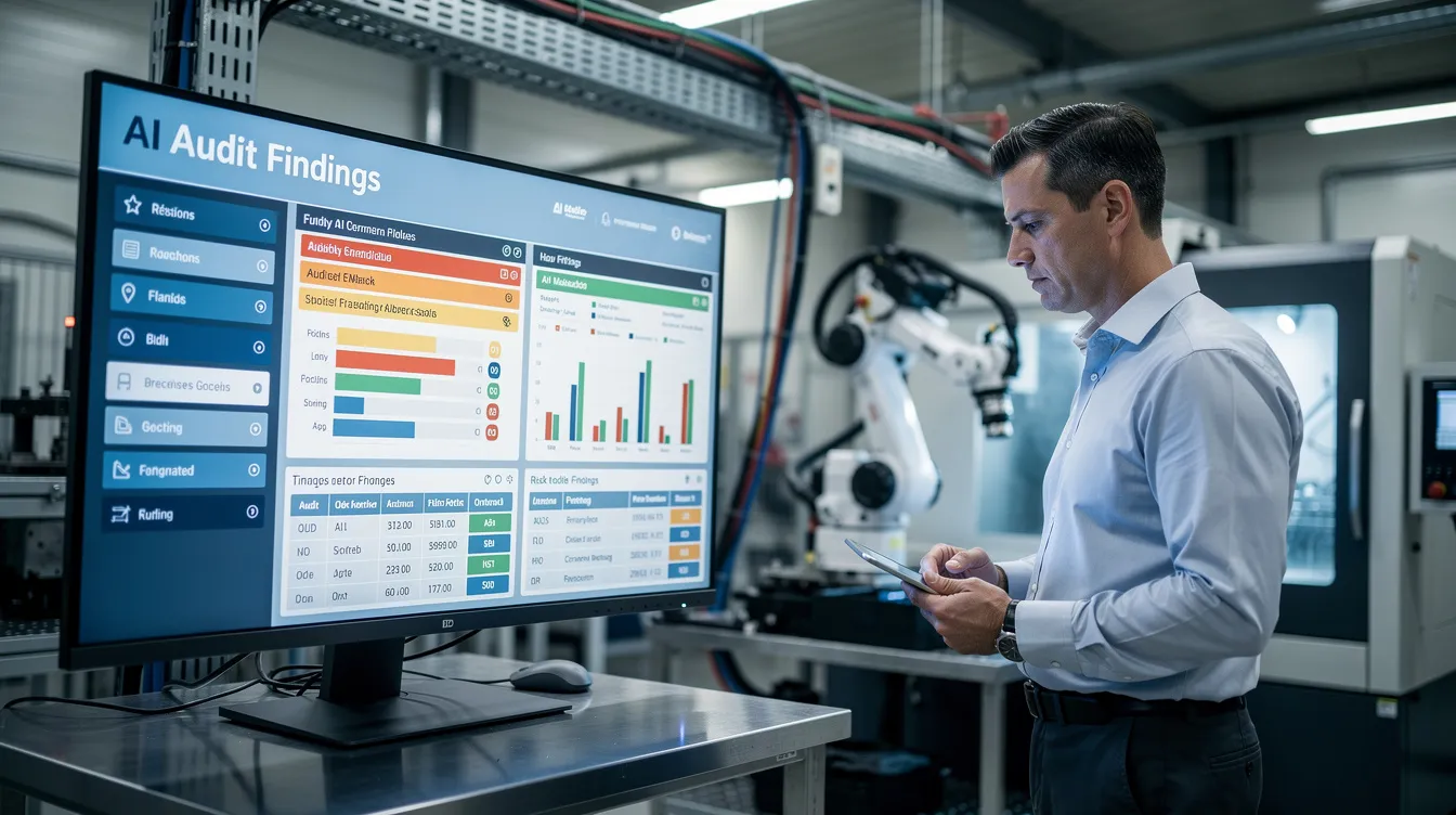 A quality manager is intently reviewing AI-generated audit findings displayed on a screen within a precision engineering facility, highlighting the integration of artificial intelligence in internal audit functions. The scene emphasizes the importance of risk assessment, data analysis, and the critical role of human oversight in ensuring audit quality and regulatory compliance.