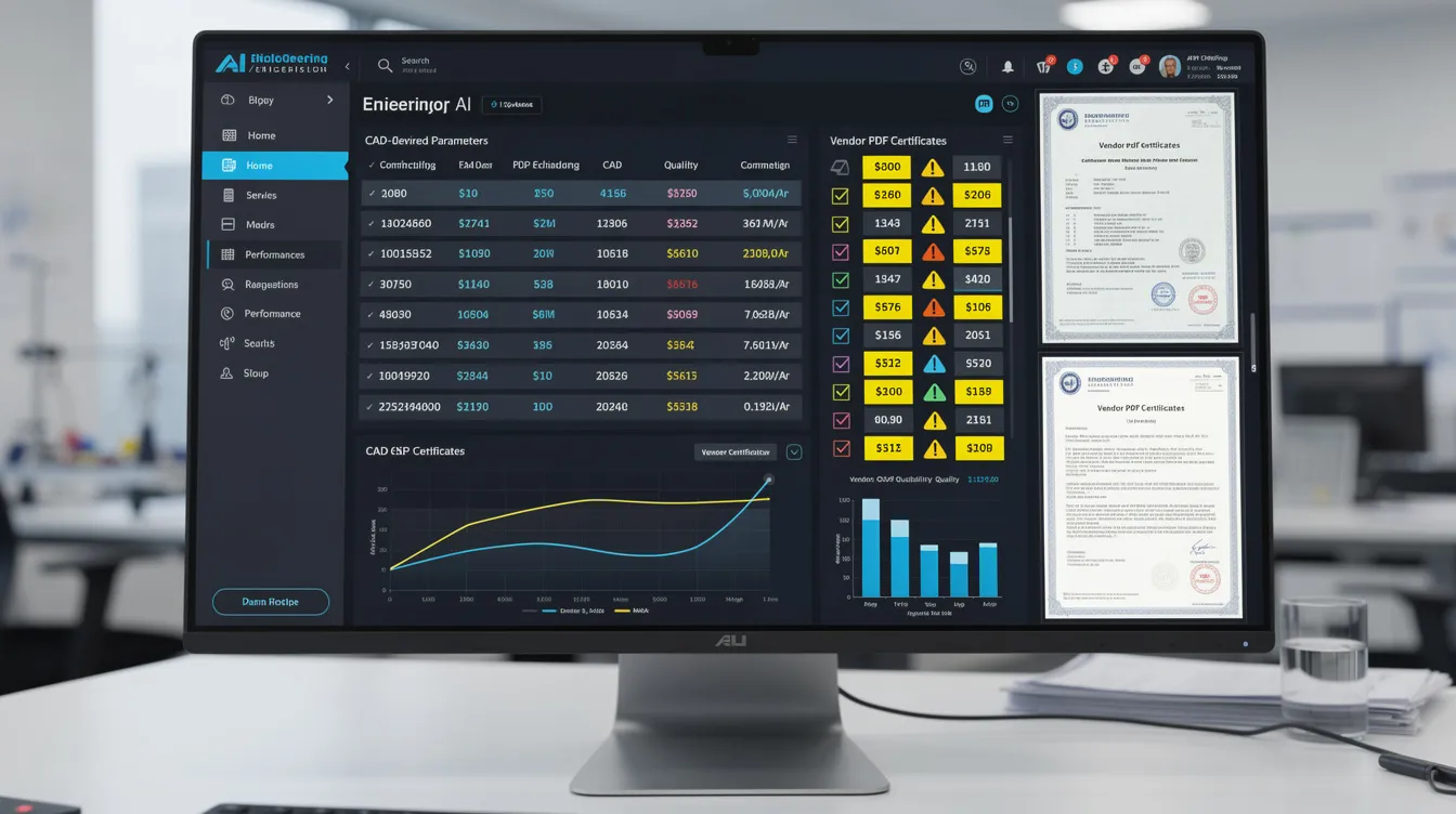 The image depicts a computer screen displaying an AI interface that processes engineering specifications alongside vendor certificates, with highlighted comparison points indicating key differences. This setup suggests a focus on quality management systems and supplier evaluation, essential for ensuring compliance with ISO 9001 standards in supply chain risk management.
