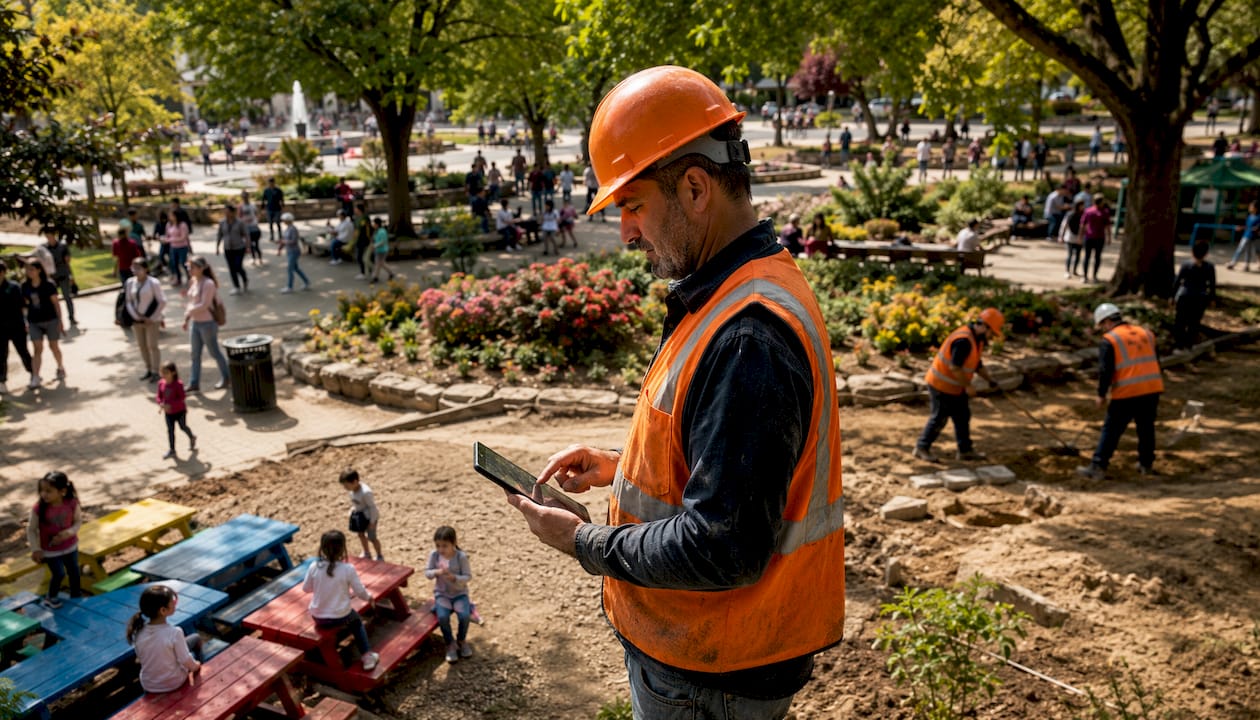 Construction foreman using digital tablet onsite