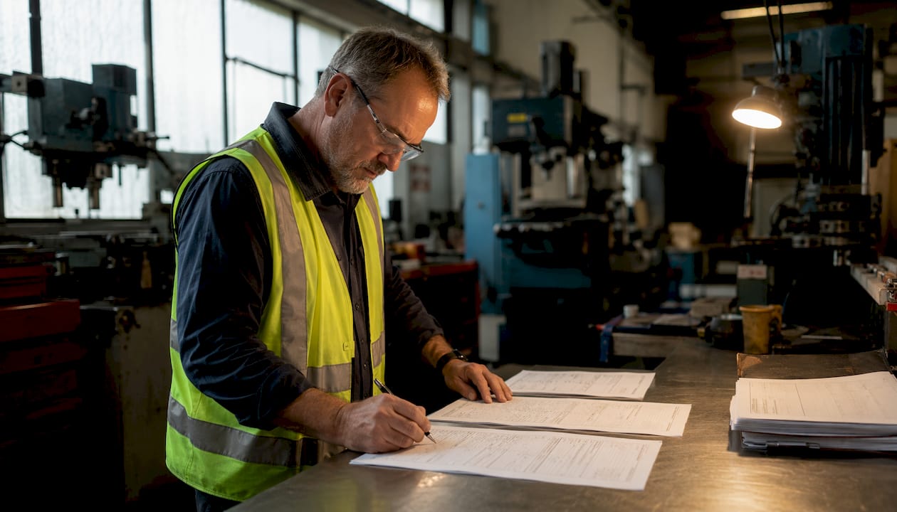 Safety manager conducting job hazard analysis in factory