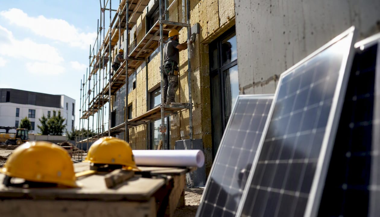 Eco-friendly building under construction with insulation