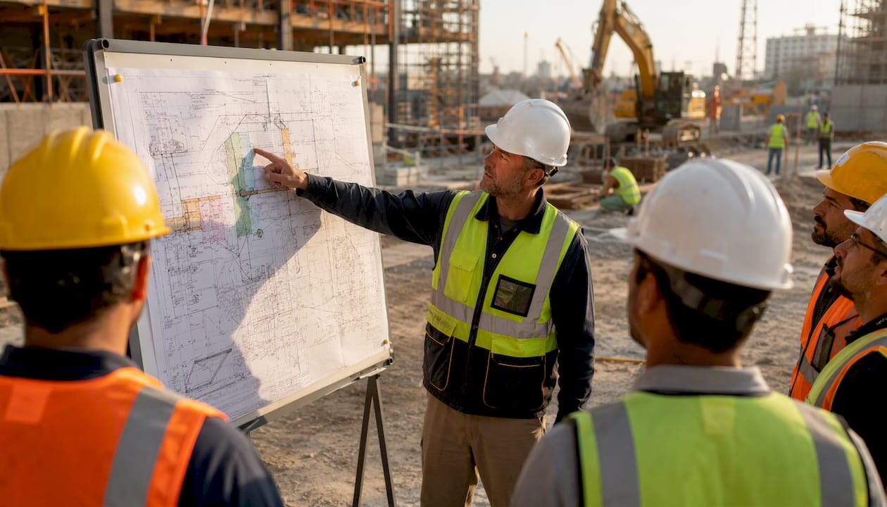 Hand pointing at site hazards map during induction