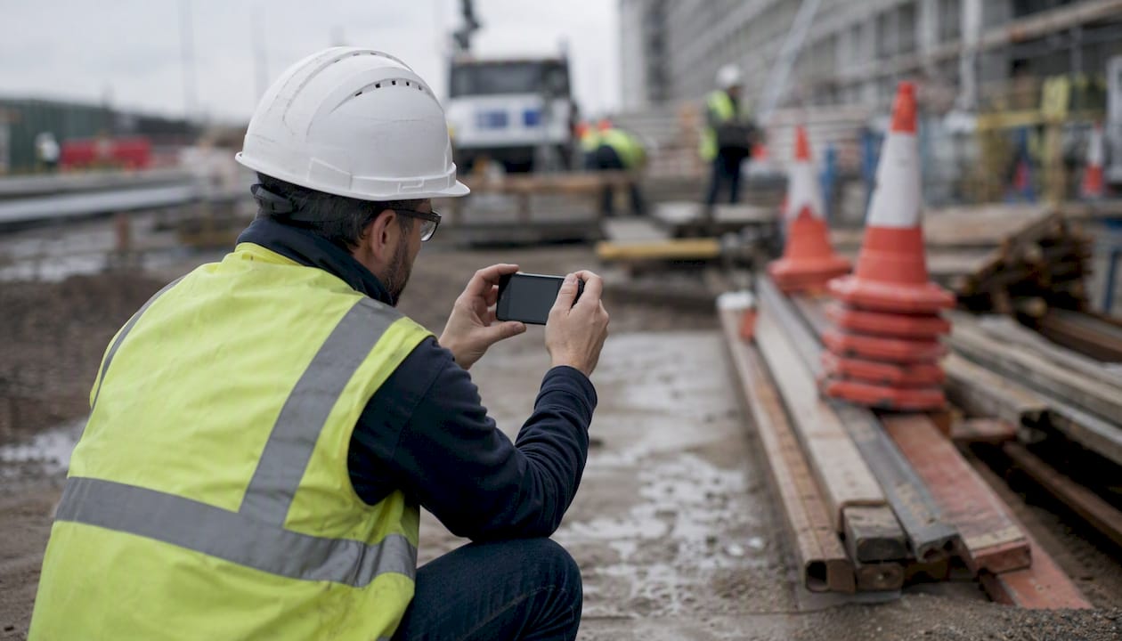 Safety officer recording near-miss on construction site