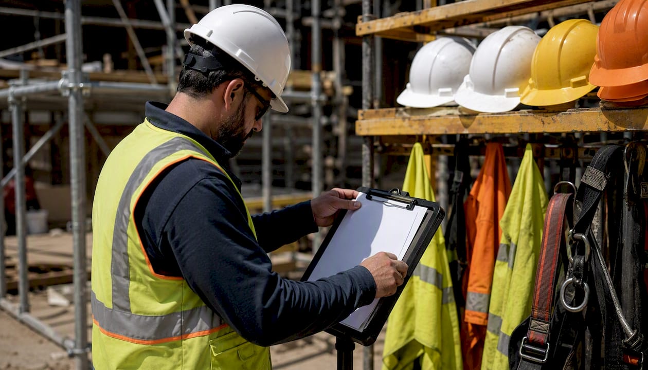 Safety manager adjusting checklist on construction site