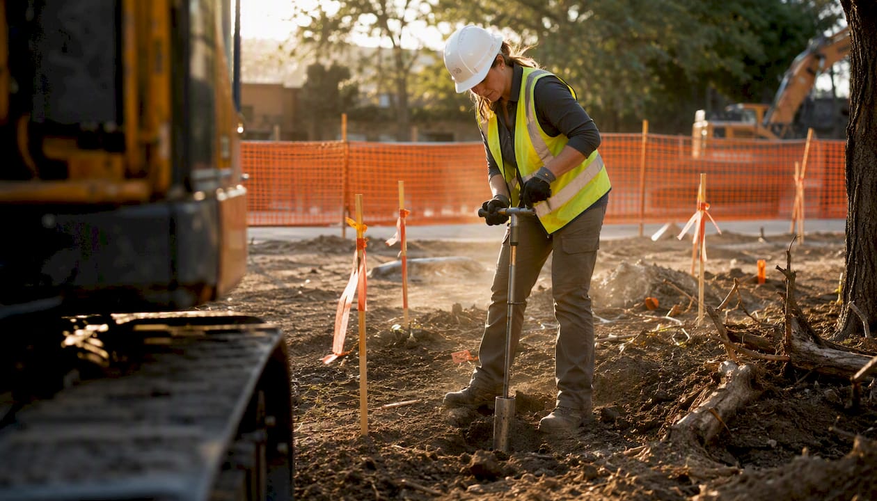 Technician collecting soil sample at construction site
