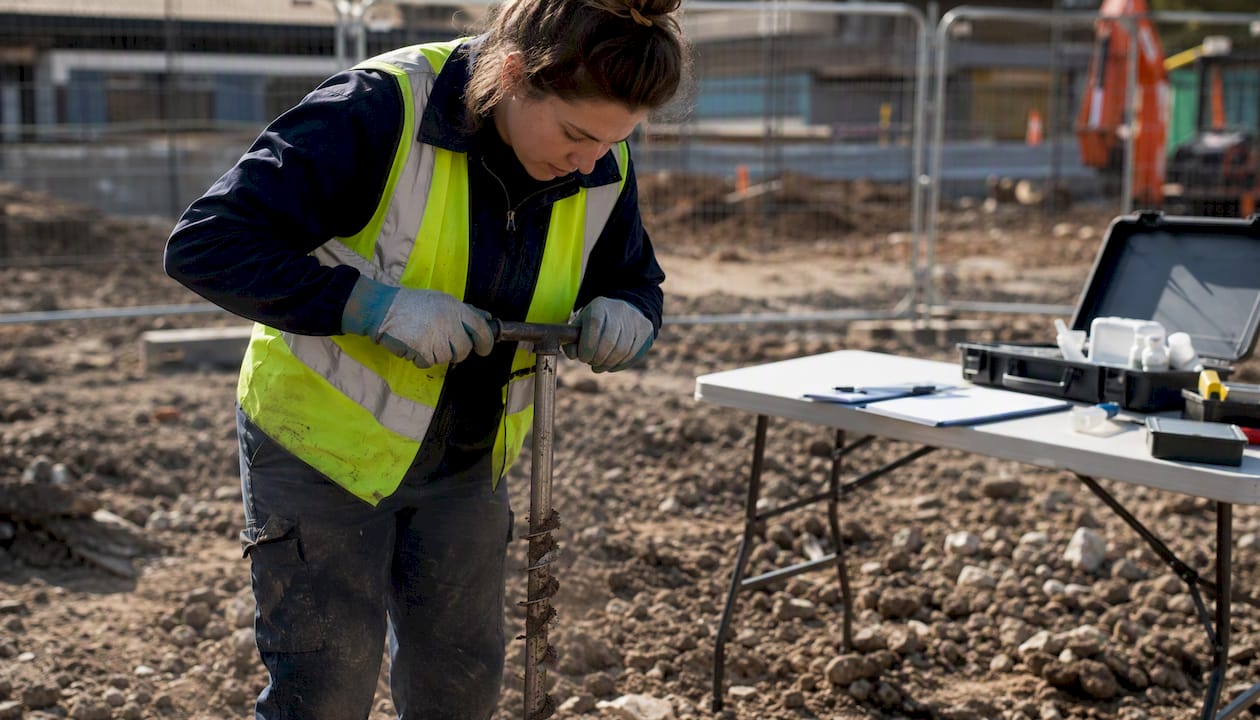 Consultant collecting soil sample outdoors