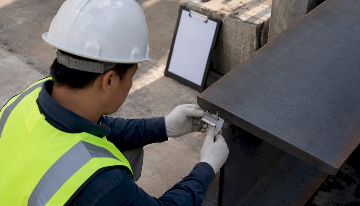 Inspector measuring steel beam on site