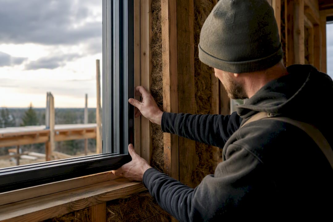 Hand adjusting energy-efficient window on construction site