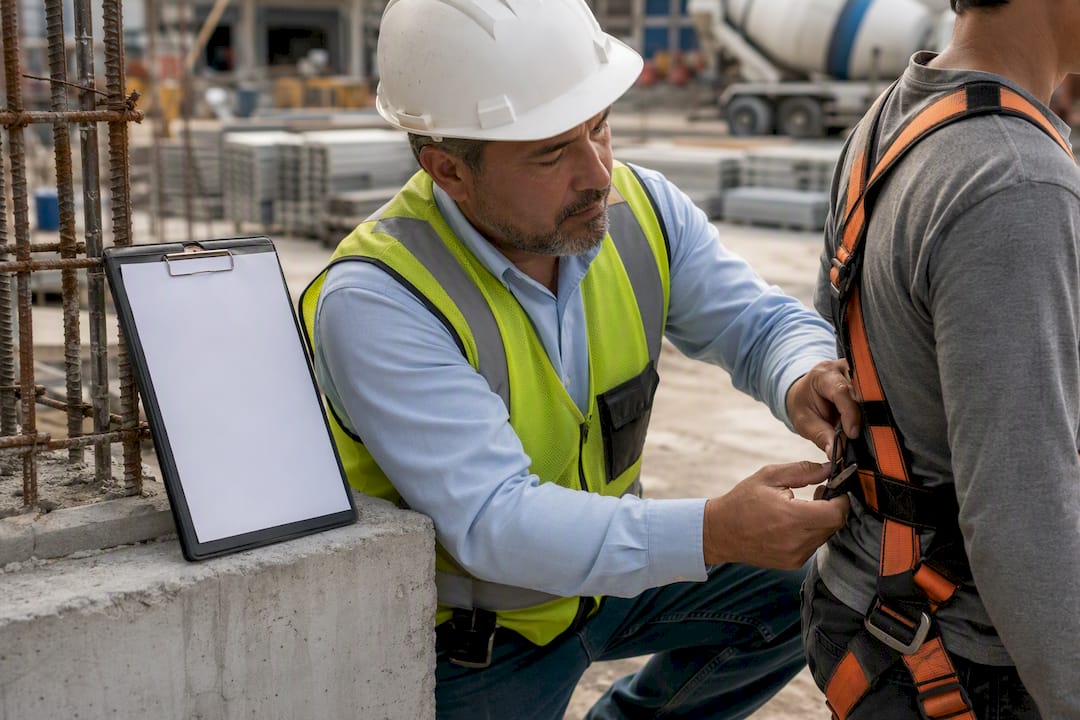 Safety manager adjusting worker harness outdoors