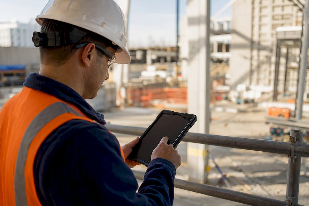 Safety officer holding tablet at construction site