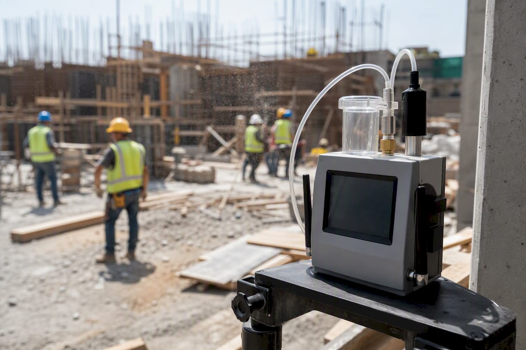 Air quality monitor on construction scaffold