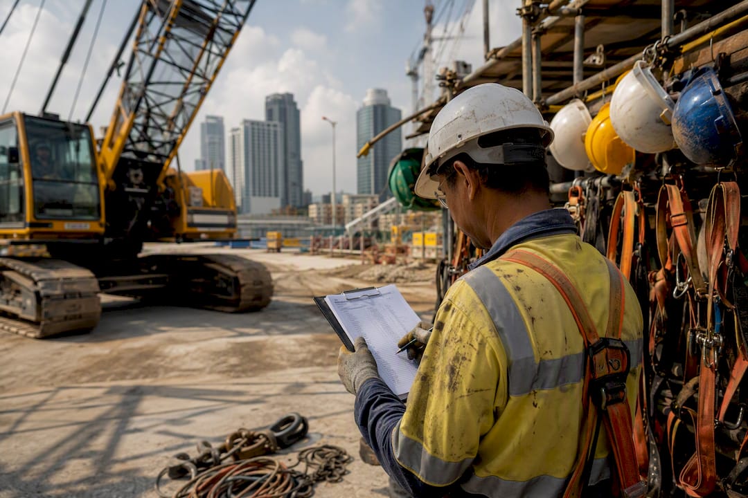 Worker checking crane load chart on site