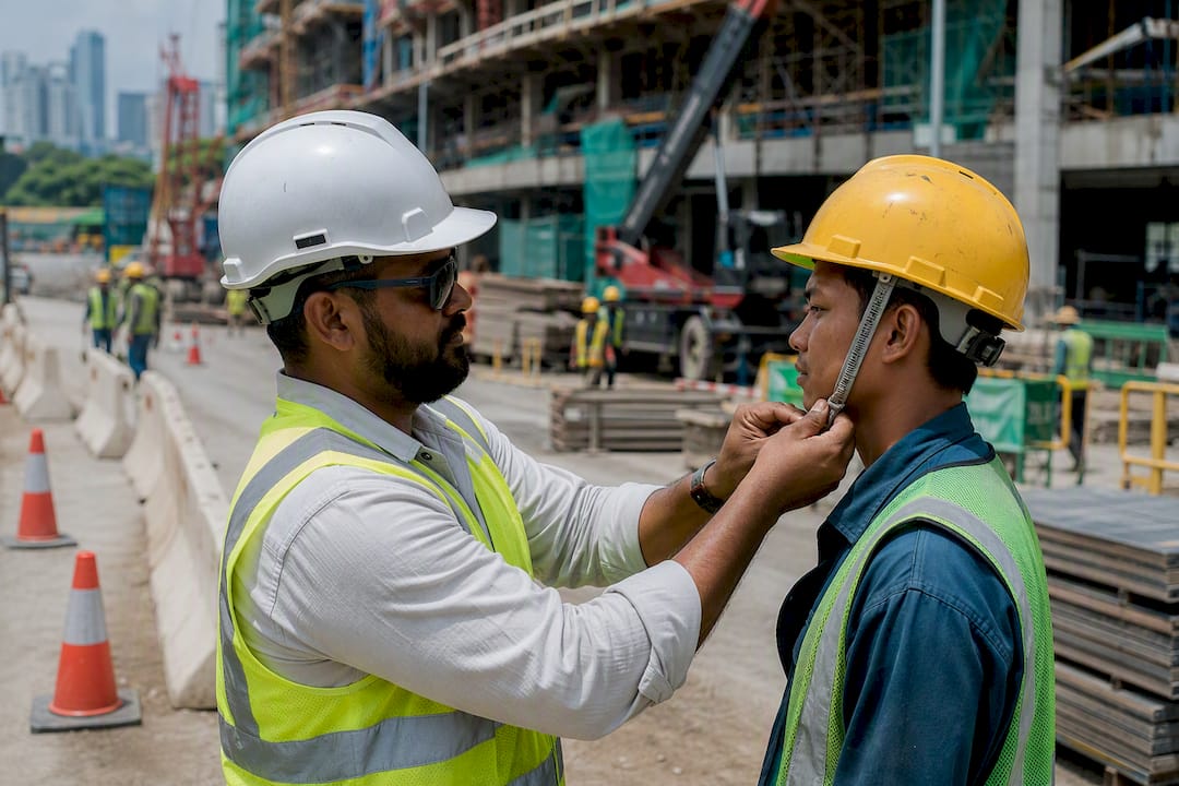 Site safety supervisor inspecting helmet fit