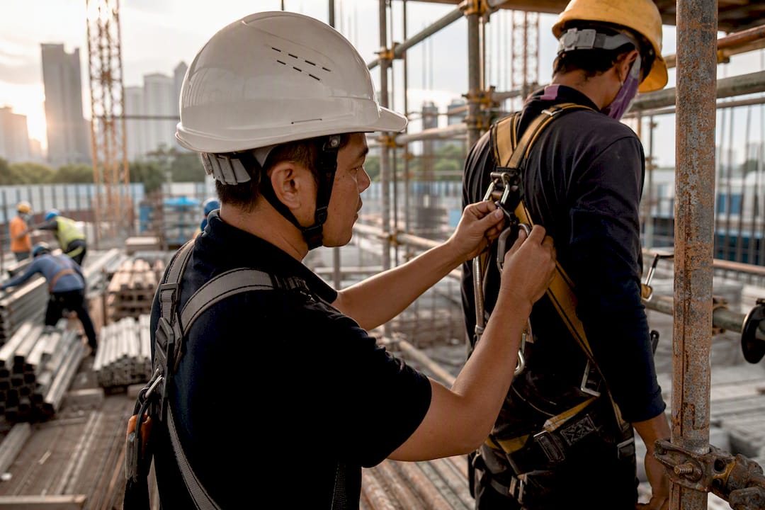 Safety consultant adjusting harness on scaffold