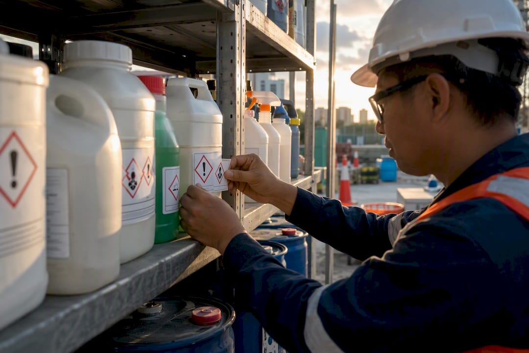 Worker applying chemical label on construction site container
