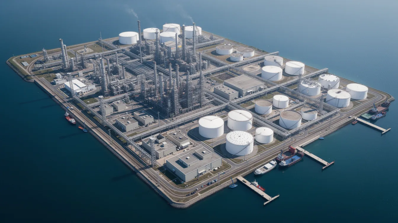 An aerial view of a petrochemical industrial island showcases interconnected refinery units, large storage tanks, and various processing facilities, all surrounded by water. This image highlights the complexity of operations involved in hazard identification and risk assessment processes within the industry.