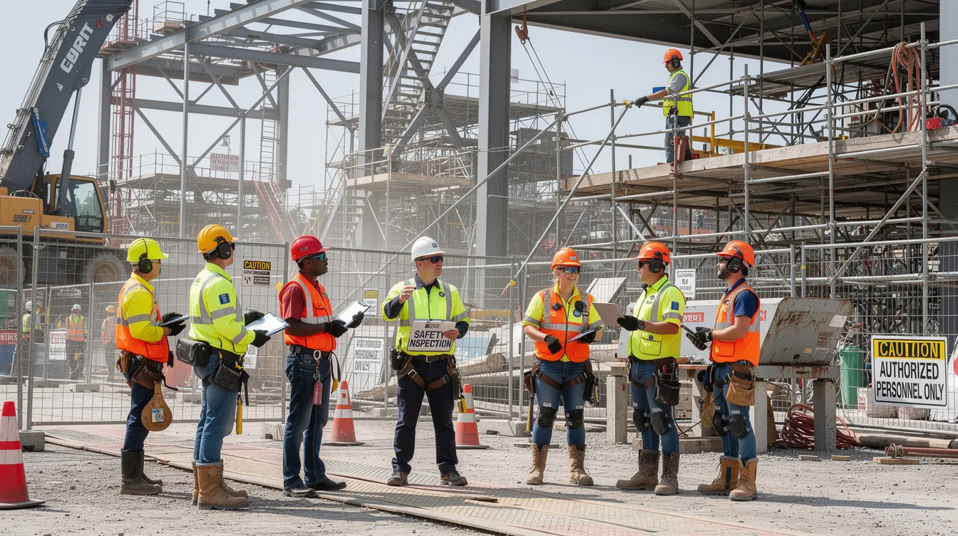 The image depicts an industrial construction site where workers, wearing safety equipment and high-visibility vests, are engaged in a safety inspection. This scene highlights the importance of workplace safety and compliance with the Ministry of Manpower's enforcement efforts to protect workers and maintain high workplace safety standards.