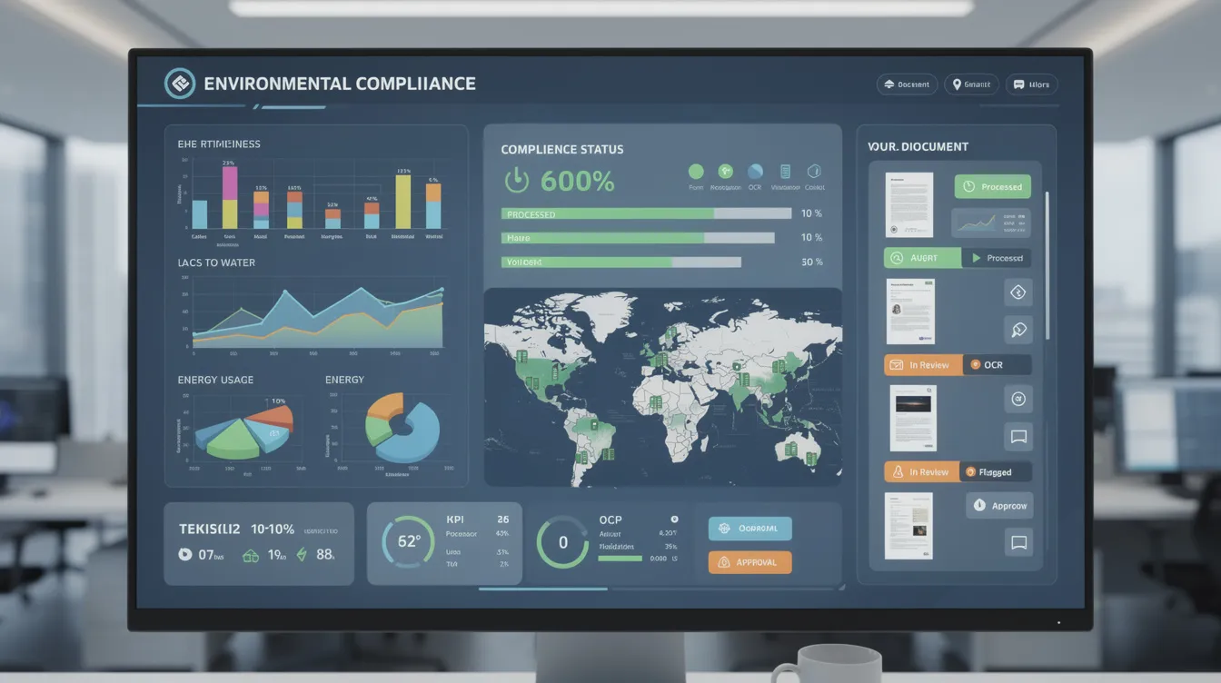 The image features a digital dashboard displaying key environmental metrics related to compliance obligations and environmental performance in the manufacturing industry. It highlights automated document processing and internal audits, showcasing a structured framework for effective environmental management practices and continuous improvement in line with ISO 14001 standards.