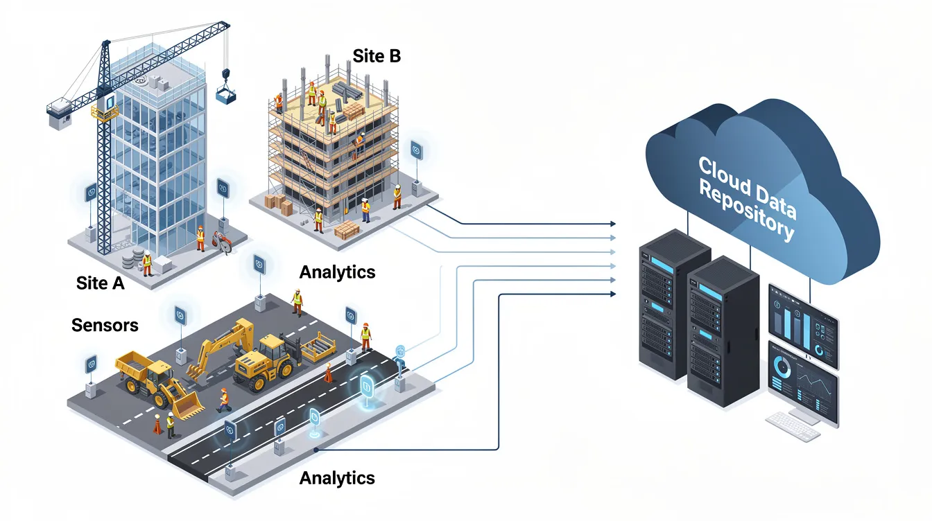 The image depicts a network diagram illustrating various construction sites interconnected and transmitting data to a central cloud repository, emphasizing the importance of effective management systems for risk assessments and workplace safety. This visual representation highlights the role of auditing management systems in achieving compliance with ISO 45001 standards and ensuring continuous improvement in occupational health and safety practices.