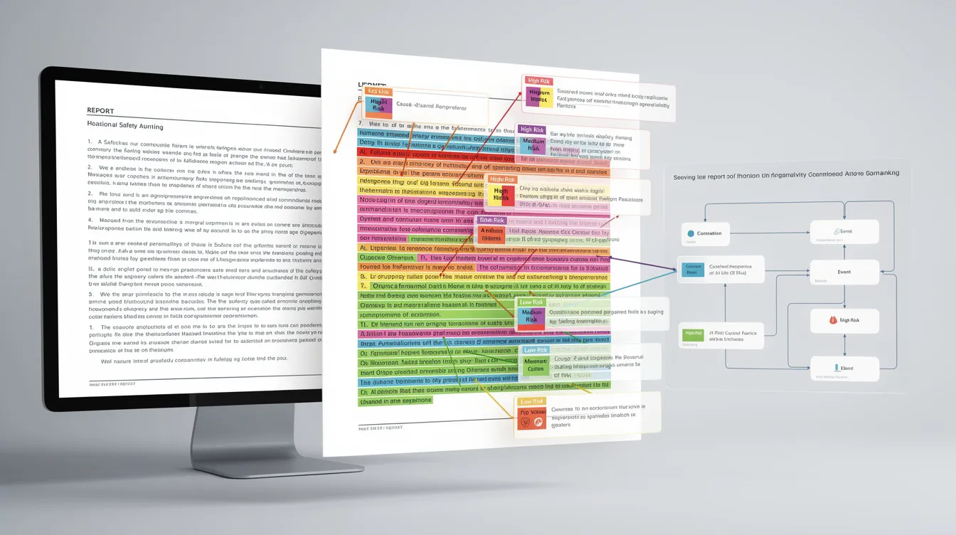 The image displays a split screen, with a traditional text document on the left side and the same document on the right, enhanced with AI-powered color-coded hazard annotations, risk classifications, and causal chain diagrams. This visual representation aids in hazard identification and risk assessment, showcasing the integration of digital technologies in the risk management process for improved safety in industrial operations.