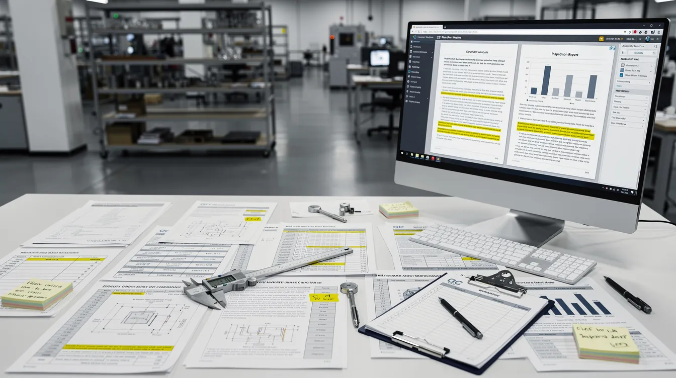 The image depicts an industrial quality control workspace featuring a cluttered desk with various technical documents and a computer screen that showcases document analysis, highlighting the importance of quality management systems and ongoing monitoring in supply chain risk management. This setup emphasizes the role of AI tools in enhancing quality assurance and regulatory compliance within manufacturing processes.