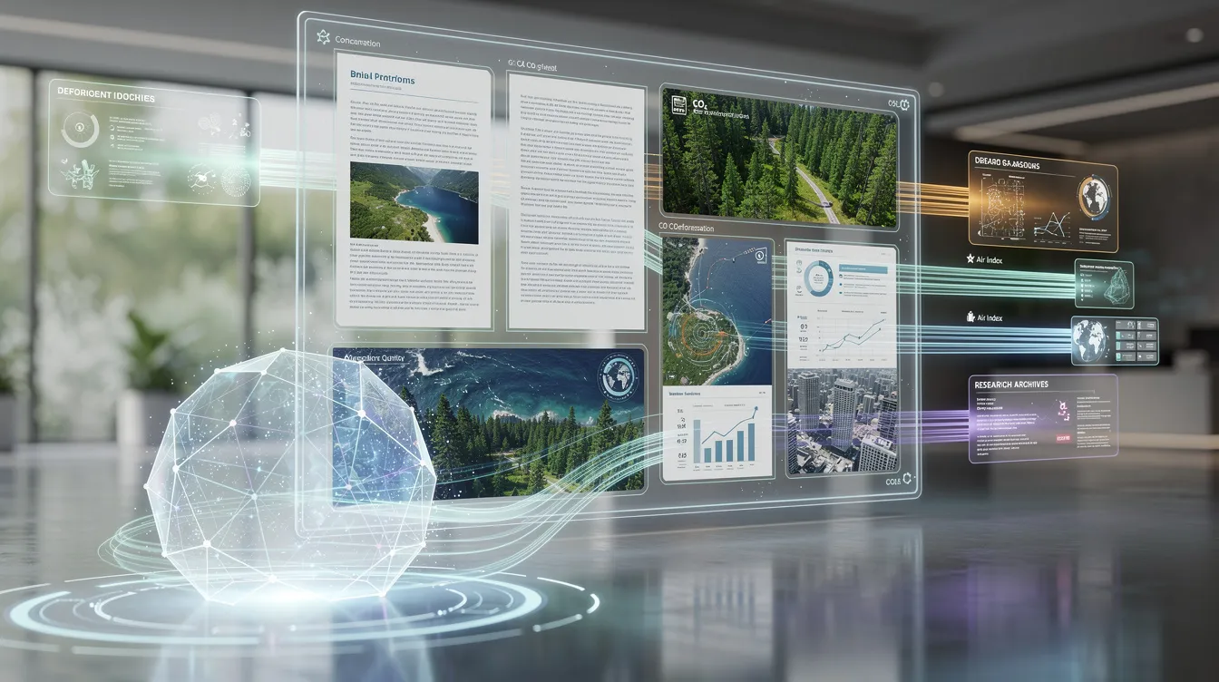 An AI system is actively processing environmental documentation while integrating data from various connected sources, focusing on identifying significant environmental aspects and impacts related to an organization's activities. This automated analysis aids in enhancing environmental performance and compliance with ISO 14001 standards.