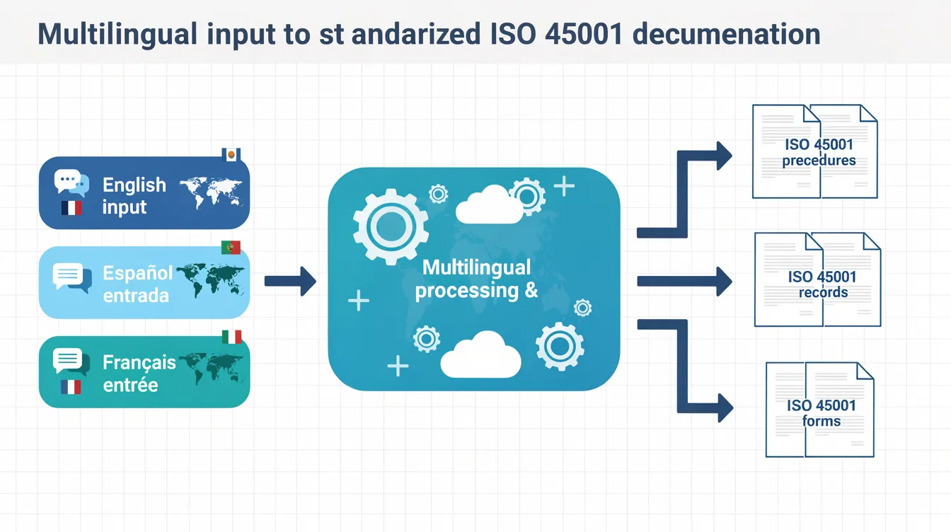 The image depicts a flowchart illustrating the process of converting multilingual language input into standardized ISO 45001 documentation, emphasizing key aspects such as incident reporting, corrective actions, and risk management for workplace safety. This structured safety management system aims to enhance occupational health by facilitating effective incident investigation and continual improvement.
