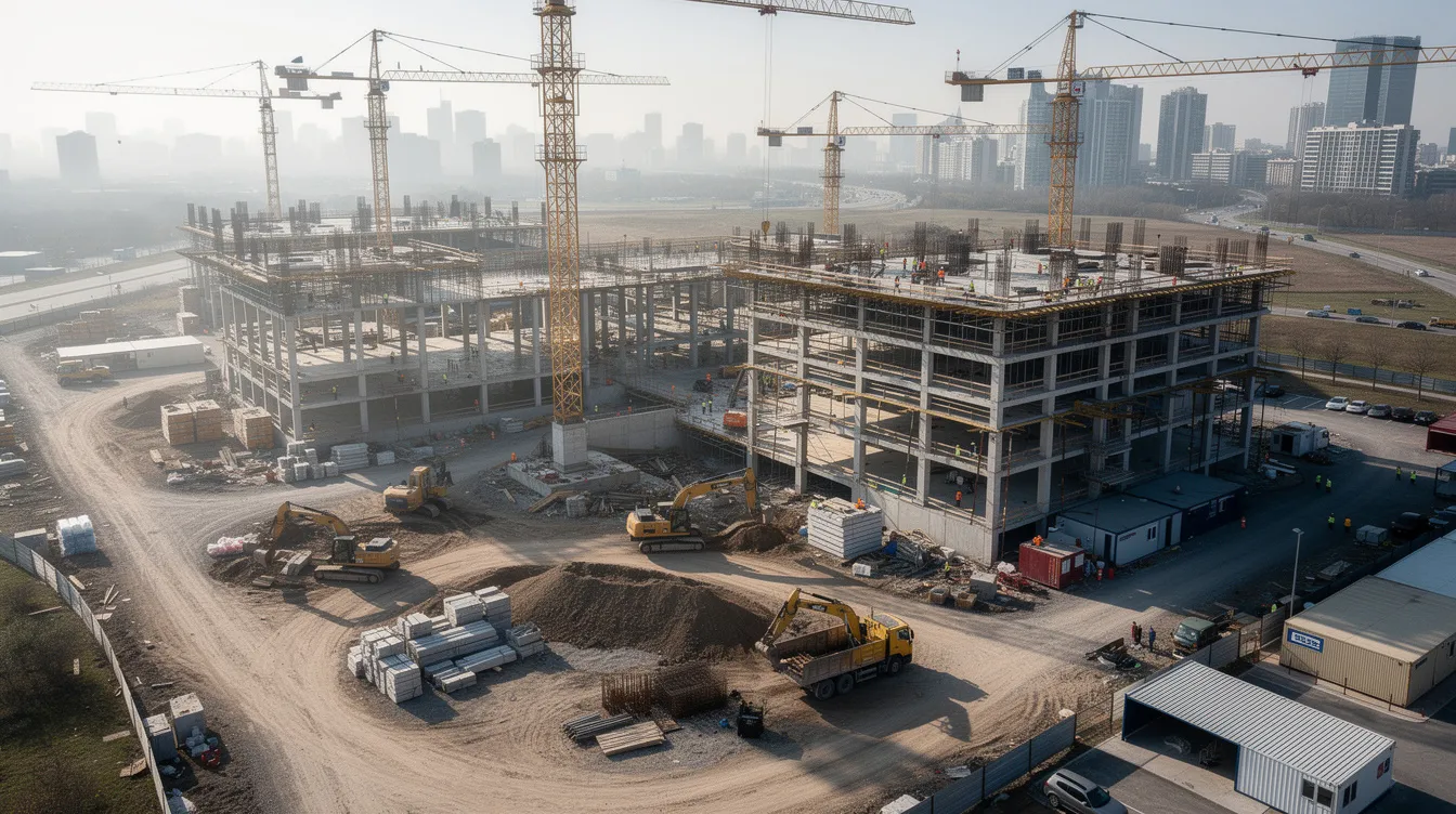 An aerial view of a large construction site shows multiple cranes and several multi-story buildings in various stages of development, highlighting the active work environment focused on occupational health and safety management. This scene emphasizes the importance of risk assessments and effective safety measures to ensure compliance with ISO 45001 standards in the construction industry.