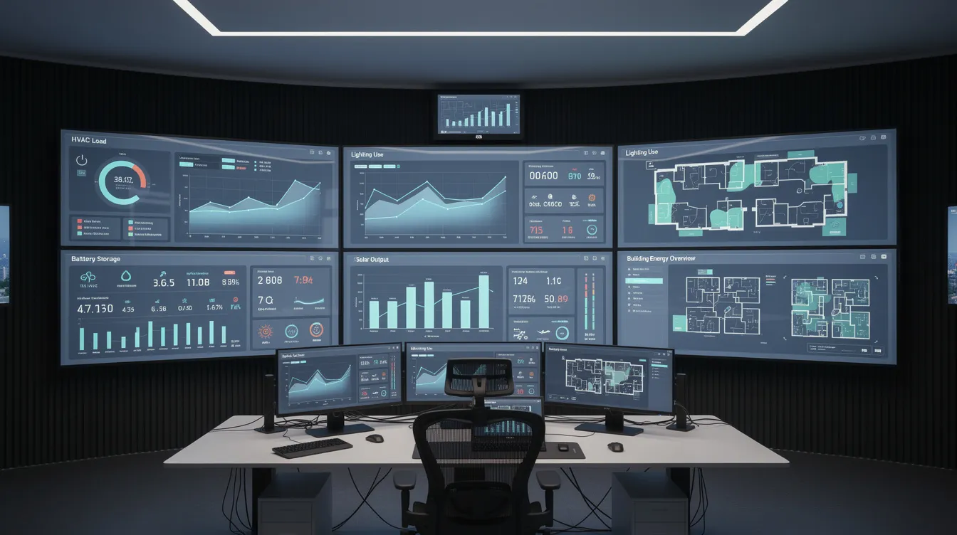 The image depicts a control room filled with integrated dashboards displaying real-time energy monitoring data from various building systems. These dashboards facilitate efficient energy management by showcasing energy performance indicators and consumption patterns, supporting ISO 50001 compliance and ongoing improvements in energy efficiency.