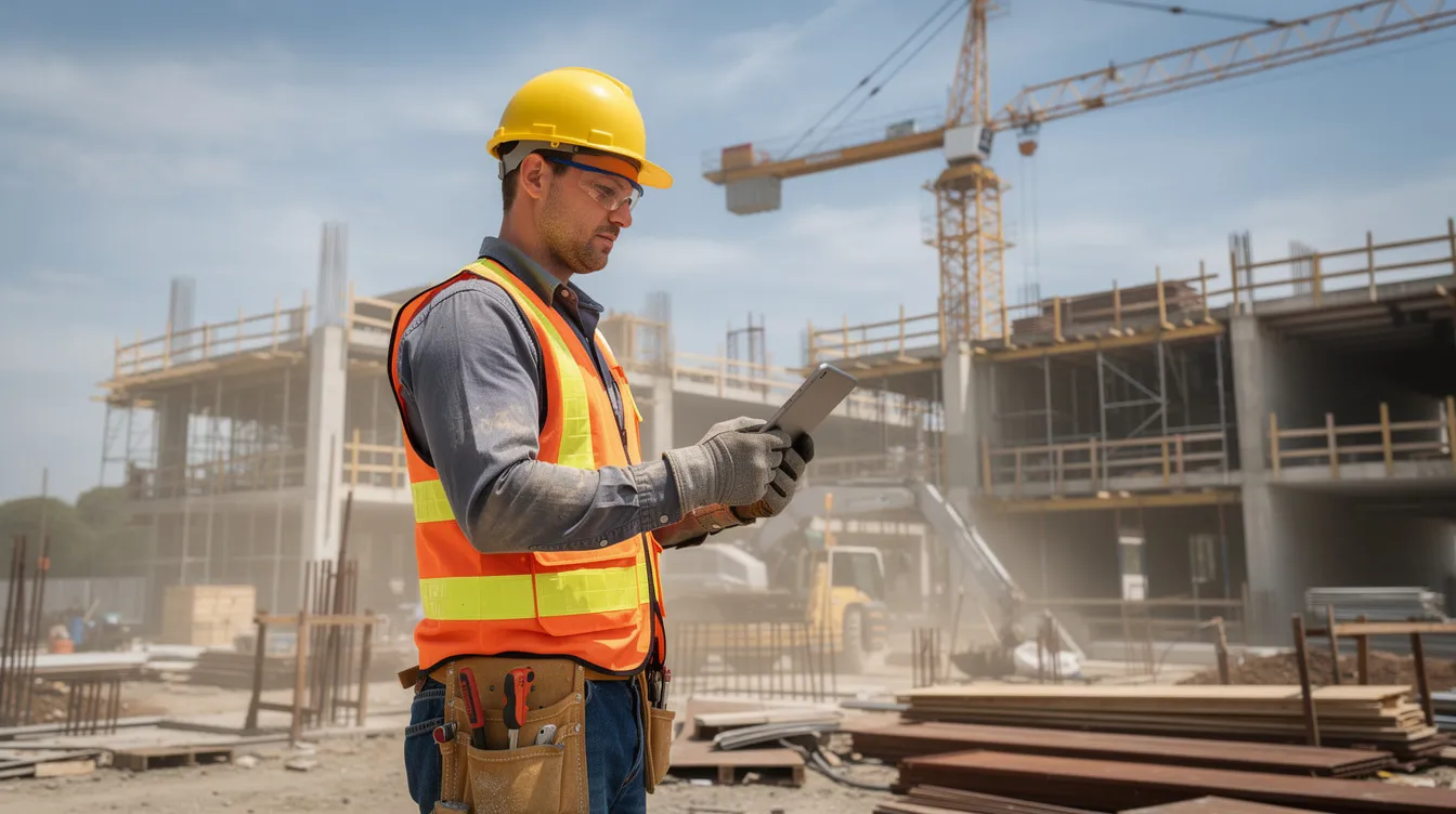 A construction worker dressed in safety gear is intently reviewing documents on a tablet at a building site, ensuring compliance with safety management systems and preparing for the next ISO 45001 audit. The scene emphasizes the importance of risk management, workplace safety, and the practical implementation of safety measures in heavy construction.