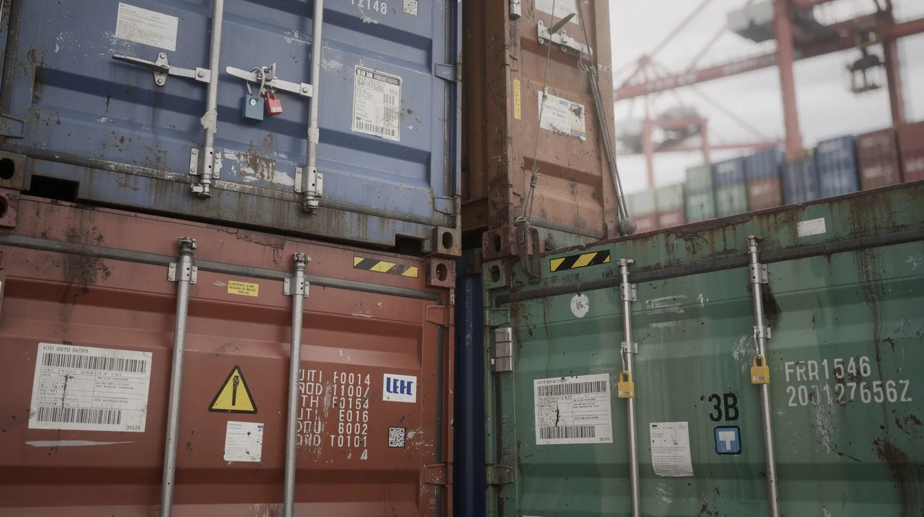 A close-up view of stacked cargo containers at a port terminal, showcasing visible shipping labels and security seals, highlighting the importance of supply chain security and risk management in maritime logistics operations. The image emphasizes the critical aspects of security management systems and compliance in ensuring operational efficiency and safety.